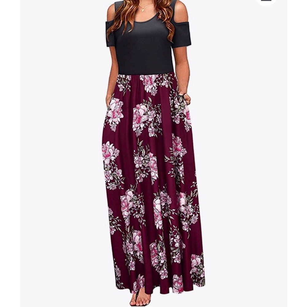 STYLEWORD Women's Cold Shoulder Maxi Dress Short Sleeve Floral Casual Long Dress